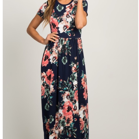 Navy Blue Floral Short Sleeve Maxi Dress - Picture 3 of 6